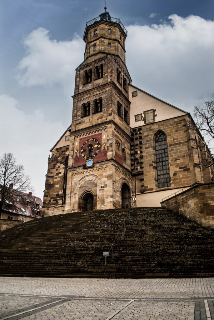 The famous St Michael's church with it's front steps used for open-air theatre productions. 